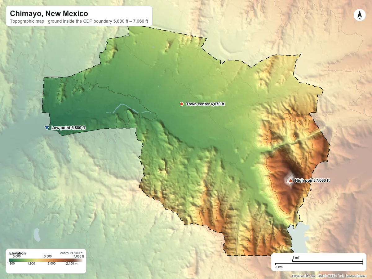 Topographic elevation map of Chimayo, New Mexico, shaded from 5,880 ft on the west side to 7,060 ft on the southeast side
