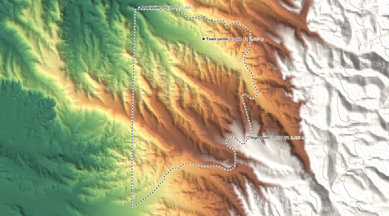 Topographic elevation map of Chupadero, New Mexico, shaded from 6,670 ft on the northwest side to 7,210 ft on the southeast edge, below higher ground just outside