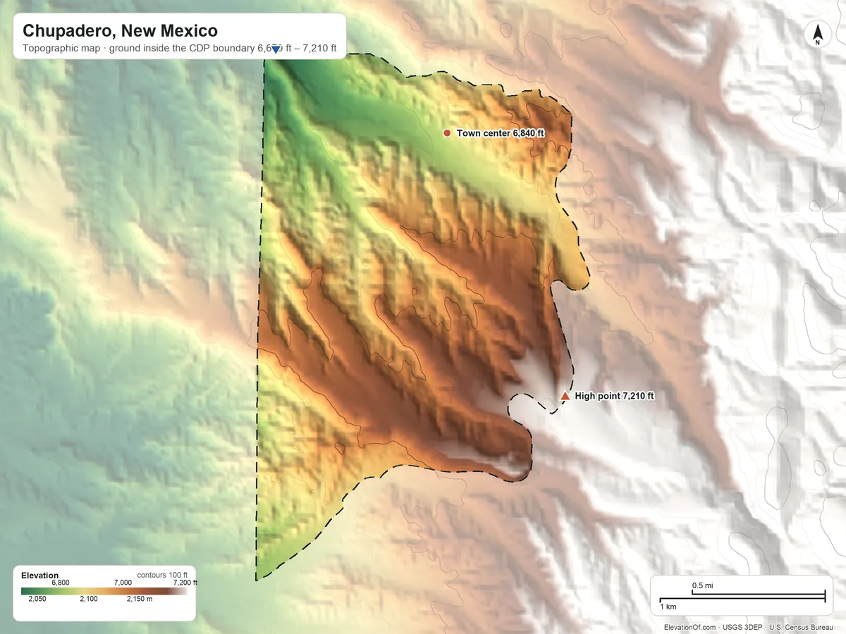 Topographic elevation map of Chupadero, New Mexico, shaded from 6,670 ft on the northwest side to 7,210 ft on the southeast edge, below higher ground just outside