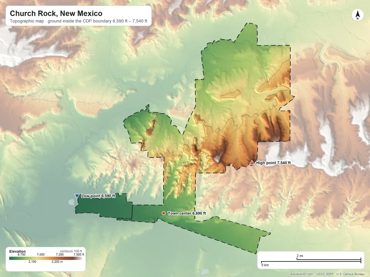 Topographic elevation map of Church Rock, New Mexico, shaded from 6,590 ft on the west side to 7,540 ft on the northeast side