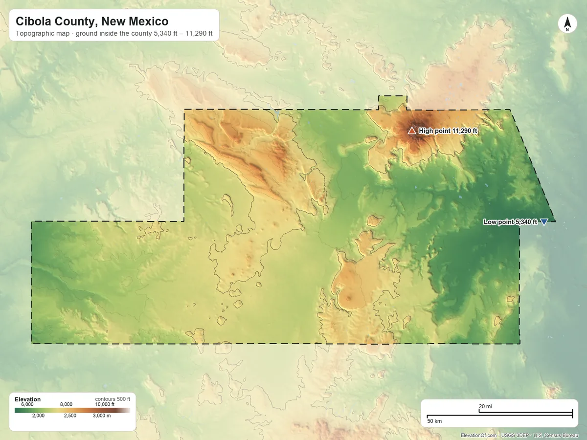 Topographic elevation map of Cibola County, New Mexico, shaded from 5,340 ft on the east side to 11,290 ft on Mount Taylor