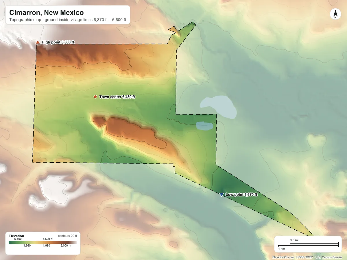 Topographic elevation map of Cimarron, New Mexico, shaded from 6,370 ft on the southeast side to 6,600 ft on the northwest edge, below higher ground just outside