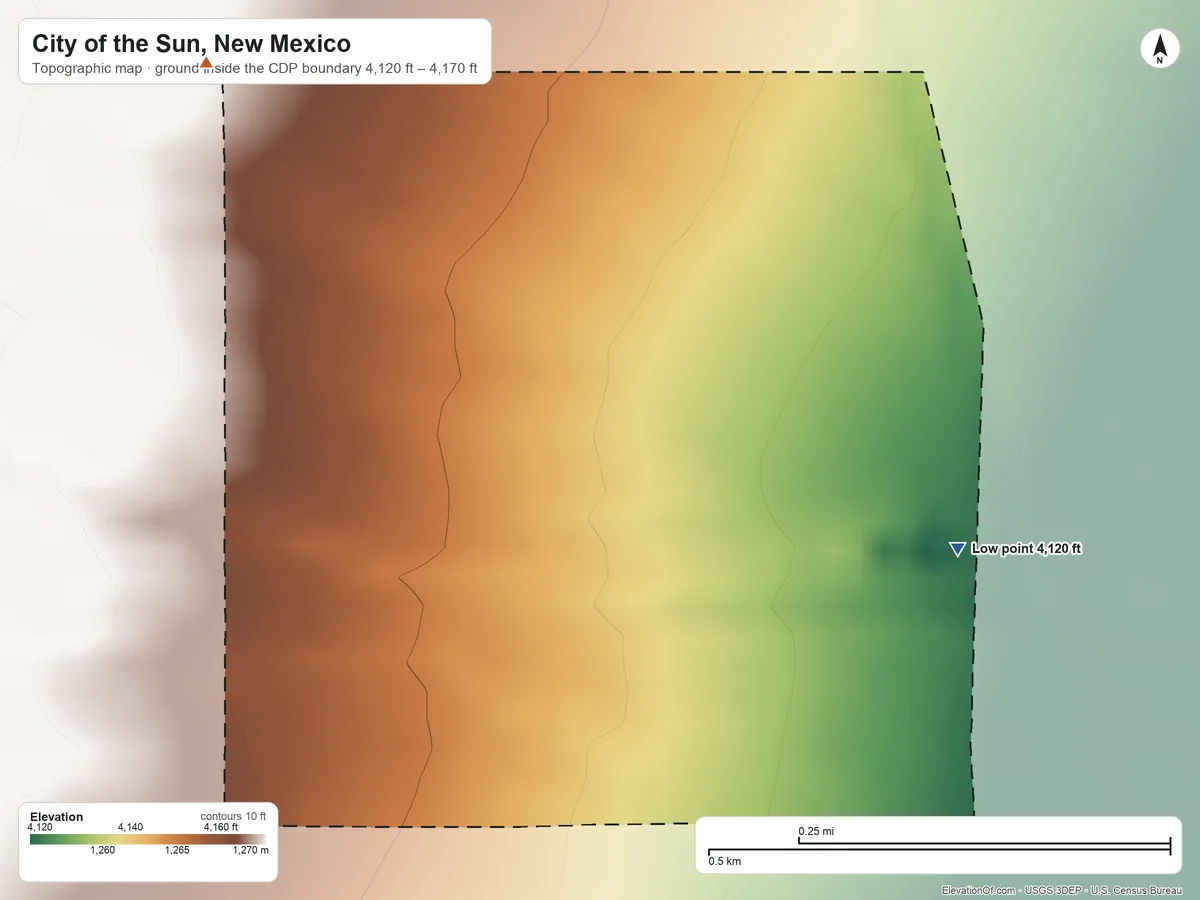 Topographic elevation map of City of the Sun, New Mexico, shaded from 4,120 ft on the northeast side to 4,170 ft on the northwest side