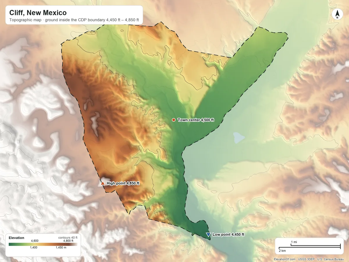 Topographic elevation map of Cliff, New Mexico, shaded from 4,450 ft on the south side to 4,850 ft on the southwest side