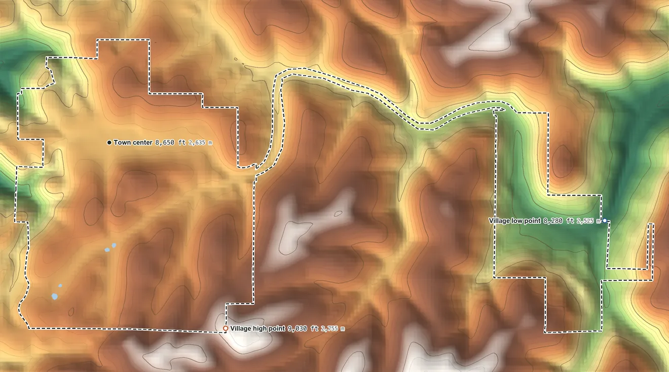Topographic elevation map of Cloudcroft, New Mexico, shaded from 8,280 ft on the east side to 9,030 ft on the southeast side
