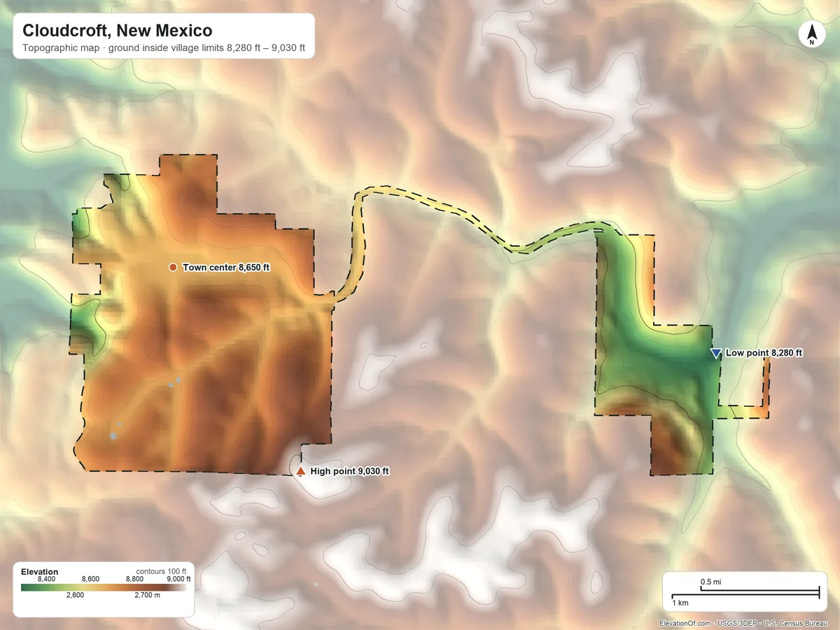 Topographic elevation map of Cloudcroft, New Mexico, shaded from 8,280 ft on the east side to 9,030 ft on the southeast side