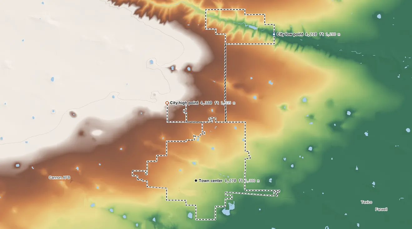 Topographic elevation map of Clovis, New Mexico, shaded from 4,210 ft on the northeast side to 4,380 ft on the north side