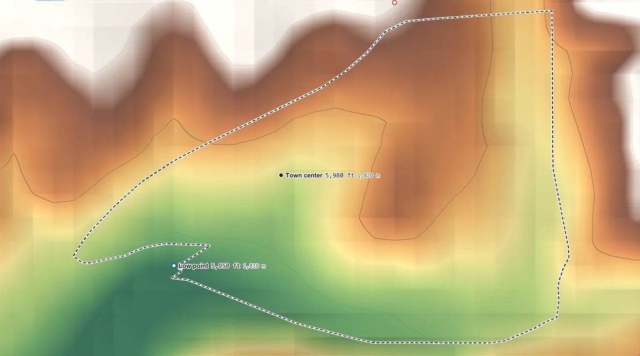 Topographic elevation map of Cobre, New Mexico, shaded from 5,950 ft on the southwest side to 6,040 ft at the foot of the Pinos Altos Range