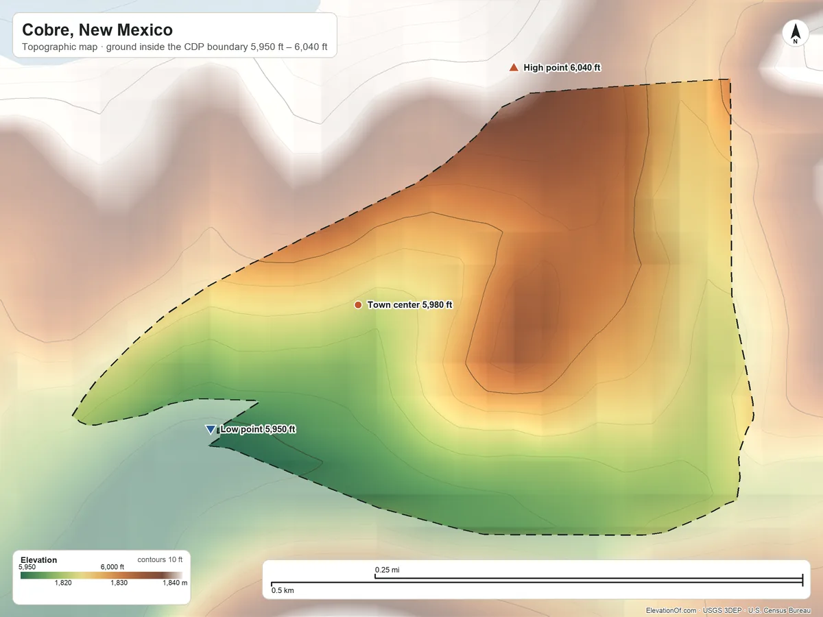 Topographic elevation map of Cobre, New Mexico, shaded from 5,950 ft on the southwest side to 6,040 ft at the foot of the Pinos Altos Range