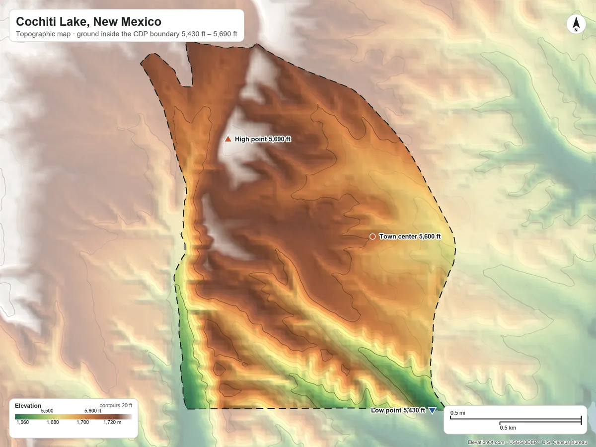 Topographic elevation map of Cochiti Lake, New Mexico, shaded from 5,430 ft on the south side to 5,690 ft on the northwest side