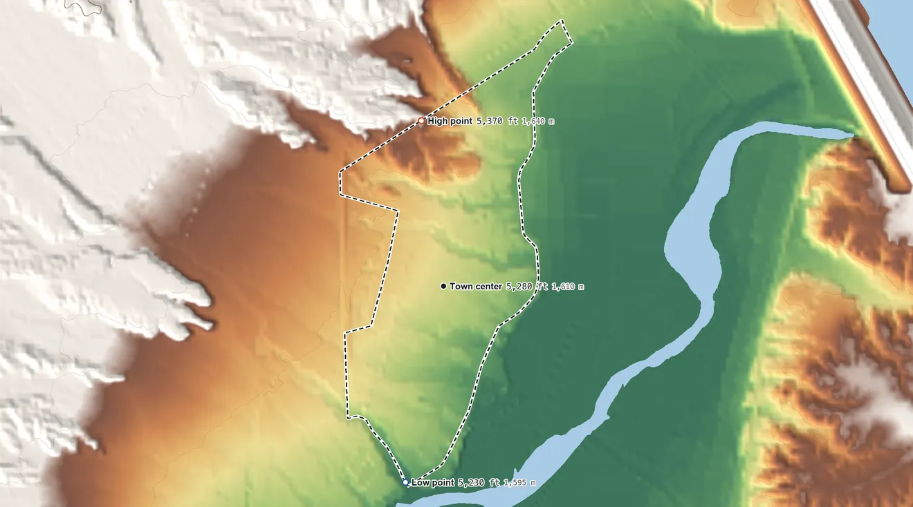 Topographic elevation map of Cochiti, New Mexico, shaded from 5,230 ft on the south side to 5,370 ft at the foot of the San Miguel Mountains