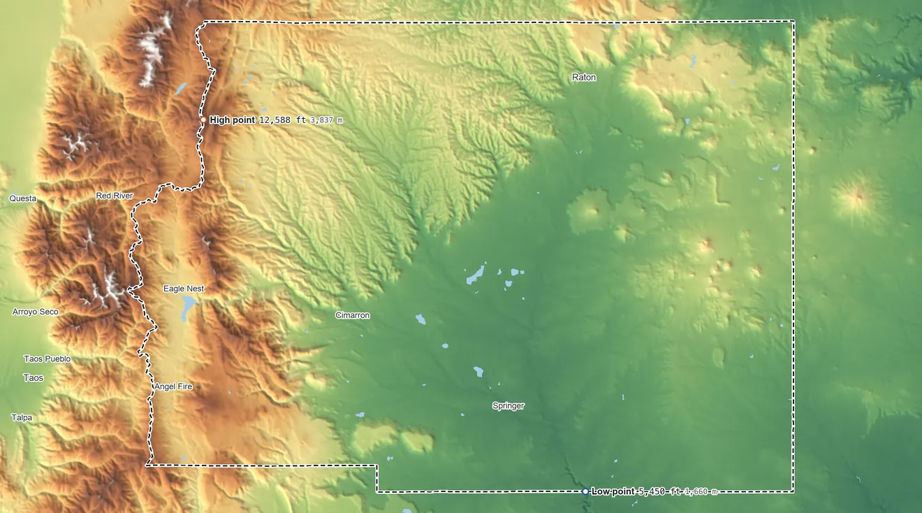 Topographic elevation map of Colfax County, New Mexico, shaded from 5,450 ft on the southeast side to 12,588 ft on Little Costilla Peak