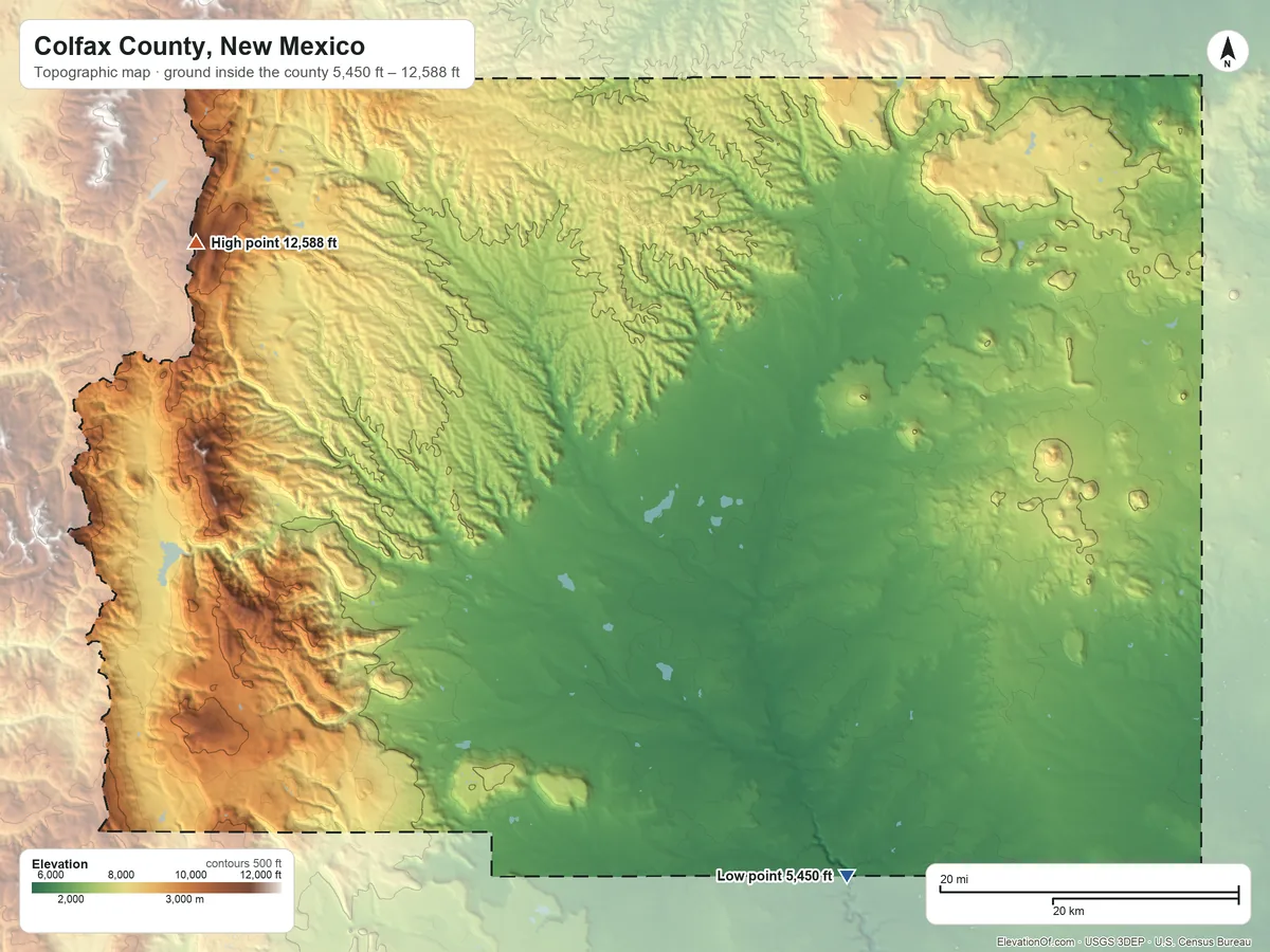 Topographic elevation map of Colfax County, New Mexico, shaded from 5,450 ft on the southeast side to 12,588 ft on Little Costilla Peak