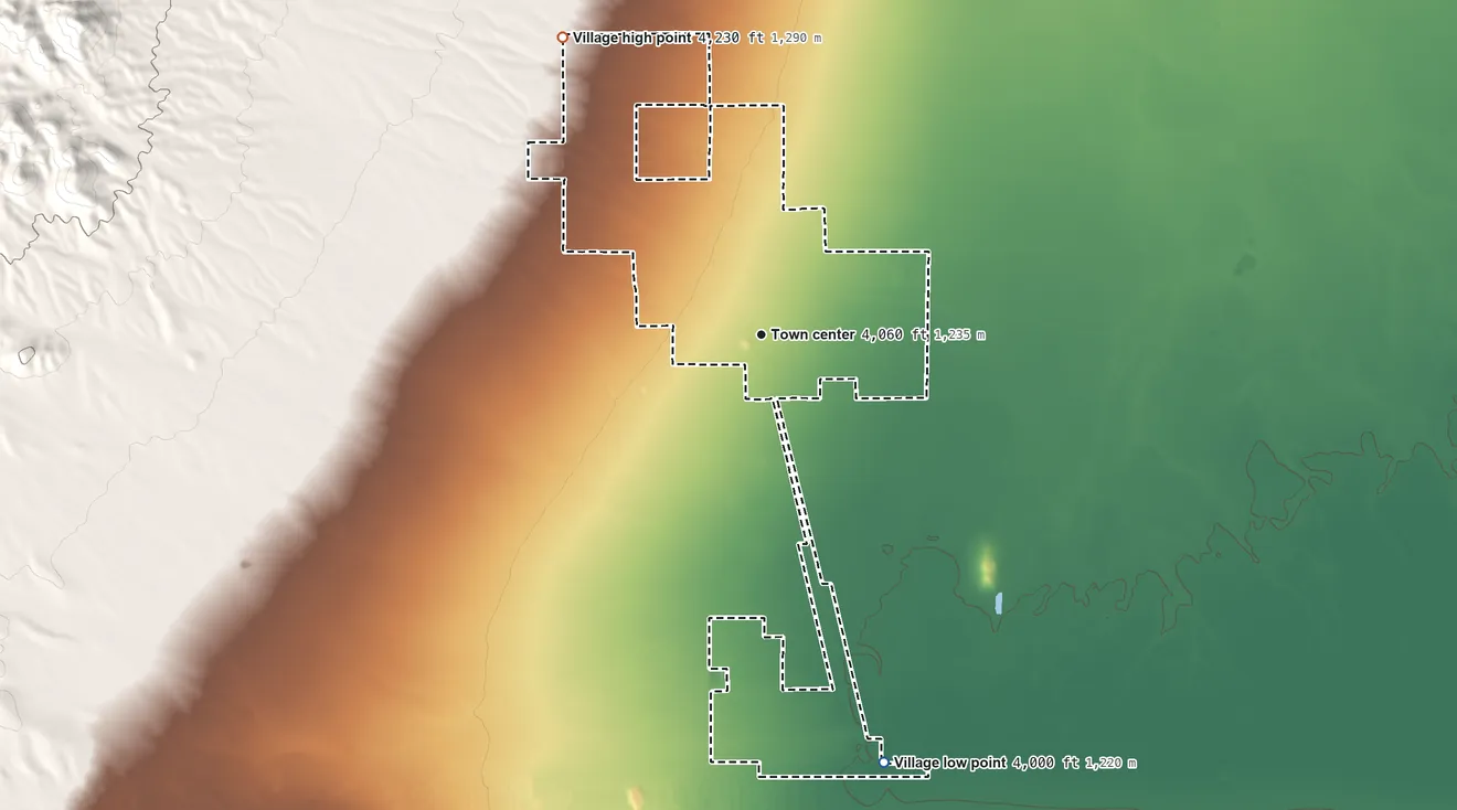 Topographic elevation map of Columbus, New Mexico, shaded from 4,000 ft on the south side to 4,230 ft on the northwest side