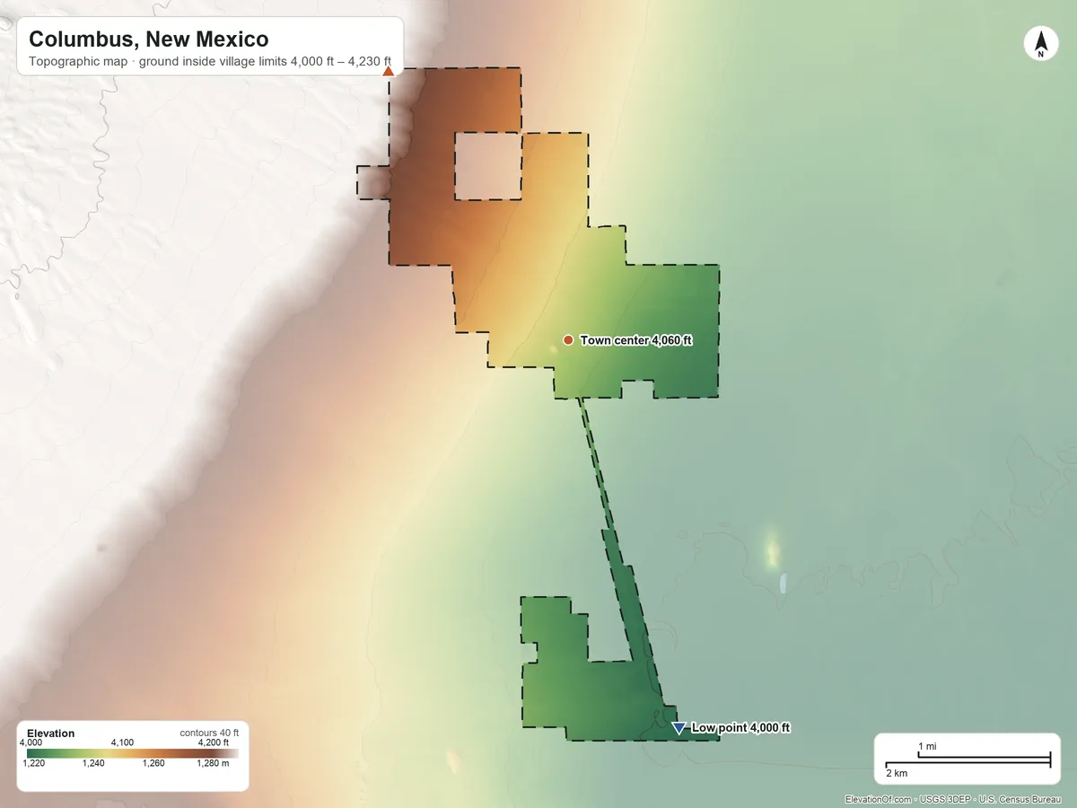 Topographic elevation map of Columbus, New Mexico, shaded from 4,000 ft on the south side to 4,230 ft on the northwest side