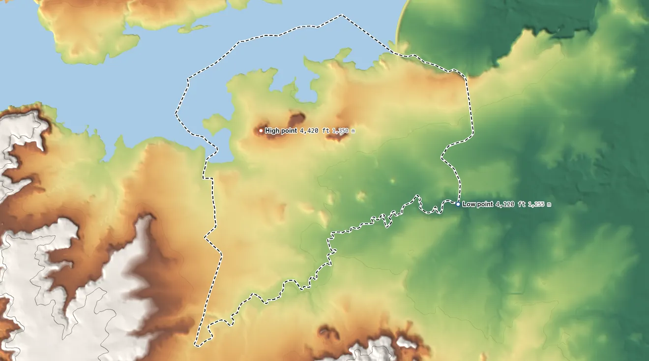 Topographic elevation map of Conchas Dam, New Mexico, shaded from 4,120 ft on the southeast side to 4,420 ft near the middle
