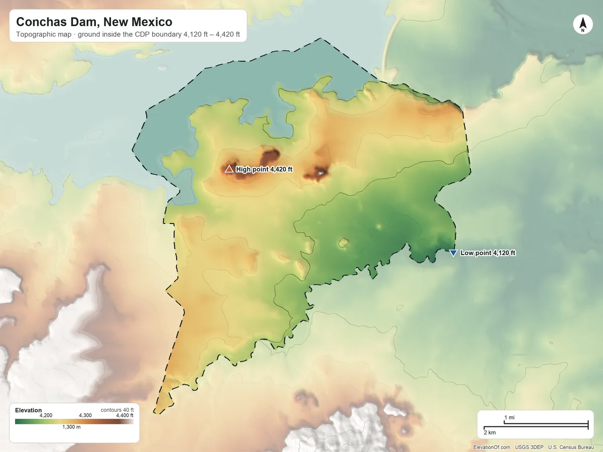 Topographic elevation map of Conchas Dam, New Mexico, shaded from 4,120 ft on the southeast side to 4,420 ft near the middle