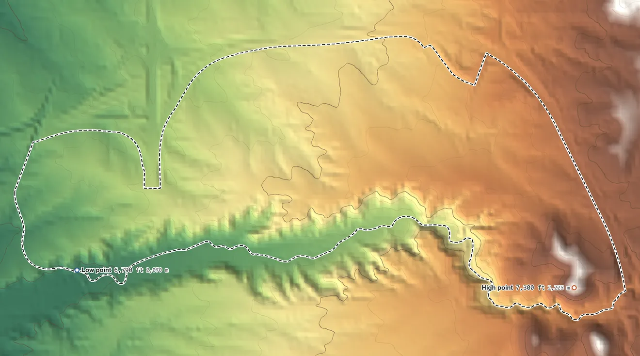 Topographic elevation map of Conejo, New Mexico, shaded from 6,790 ft on the west side to 7,300 ft at the foot of the Cerrillos Hills