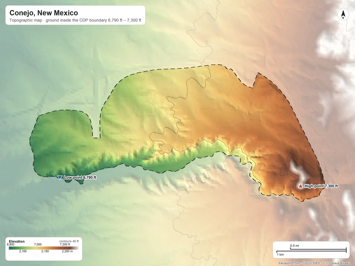 Topographic elevation map of Conejo, New Mexico, shaded from 6,790 ft on the west side to 7,300 ft at the foot of the Cerrillos Hills