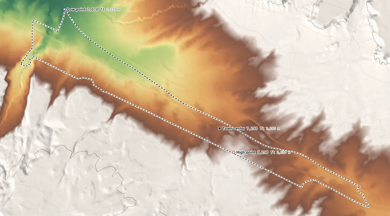 Topographic elevation map of Continental Divide, New Mexico, shaded from 7,070 ft on the northwest side to 7,290 ft near the middle