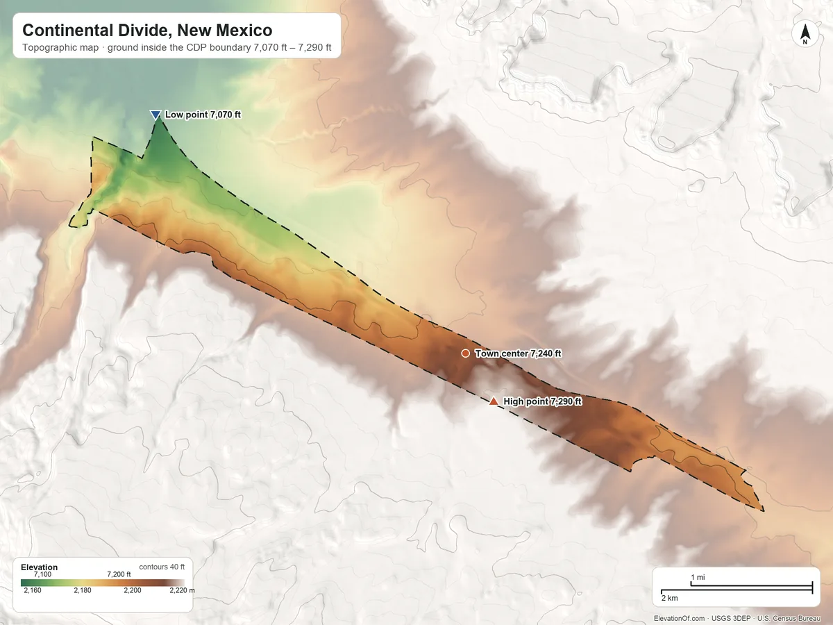 Topographic elevation map of Continental Divide, New Mexico, shaded from 7,070 ft on the northwest side to 7,290 ft near the middle