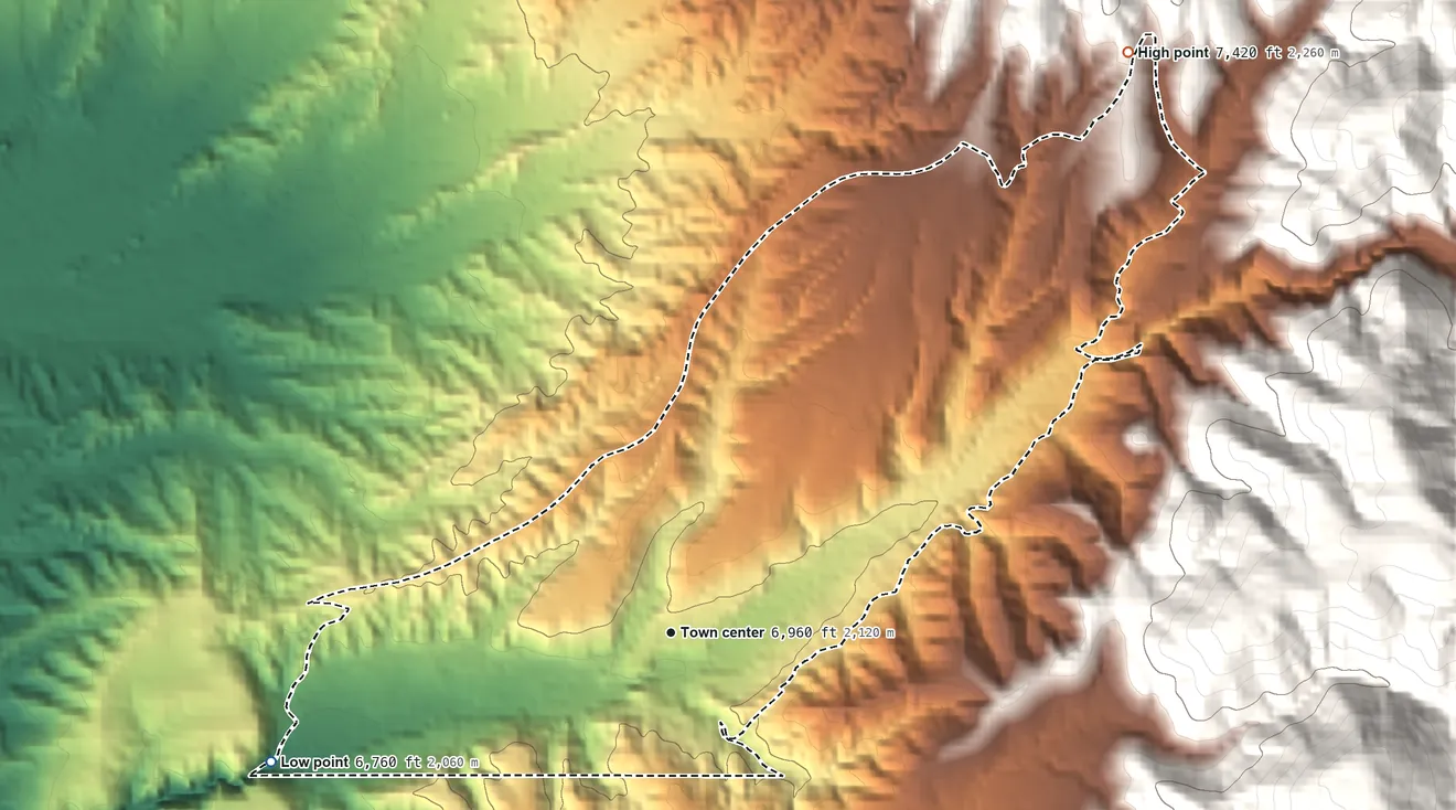 Topographic elevation map of Cordova, New Mexico, shaded from 6,760 ft on the west side to 7,420 ft on the northeast edge, below higher ground just outside