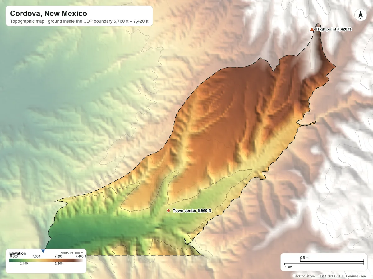 Topographic elevation map of Cordova, New Mexico, shaded from 6,760 ft on the west side to 7,420 ft on the northeast edge, below higher ground just outside