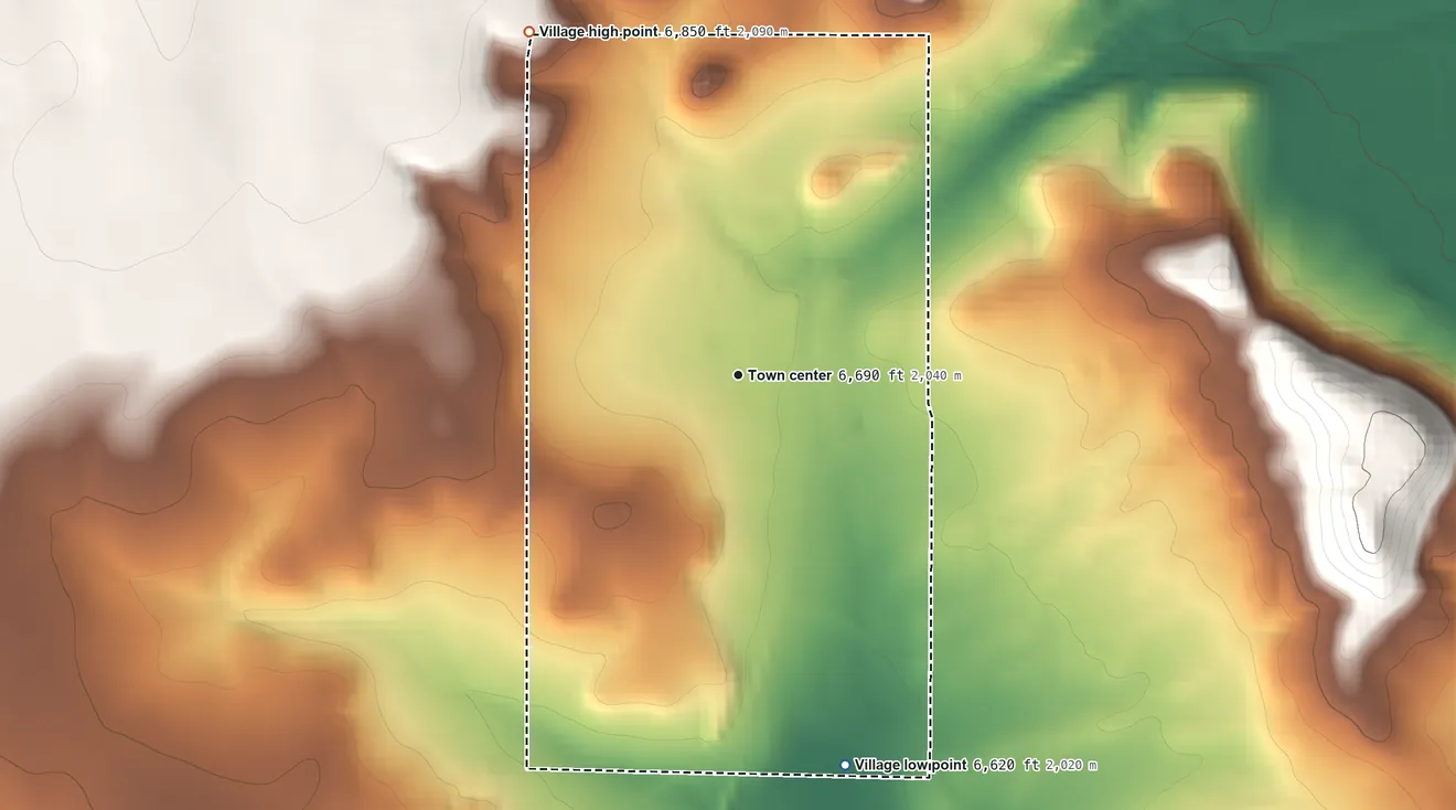 Topographic elevation map of Corona, New Mexico, shaded from 6,620 ft on the south side to 6,850 ft on the northwest side