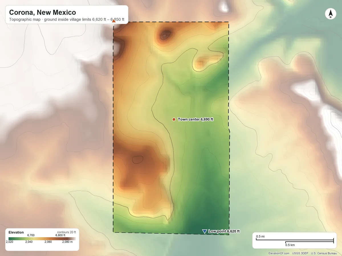 Topographic elevation map of Corona, New Mexico, shaded from 6,620 ft on the south side to 6,850 ft on the northwest side