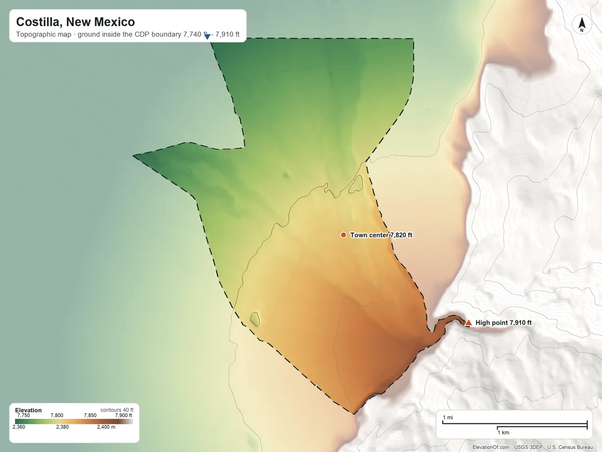 Topographic elevation map of Costilla, New Mexico, shaded from 7,740 ft on the northwest side to 7,910 ft at the foot of the Taos Mountains