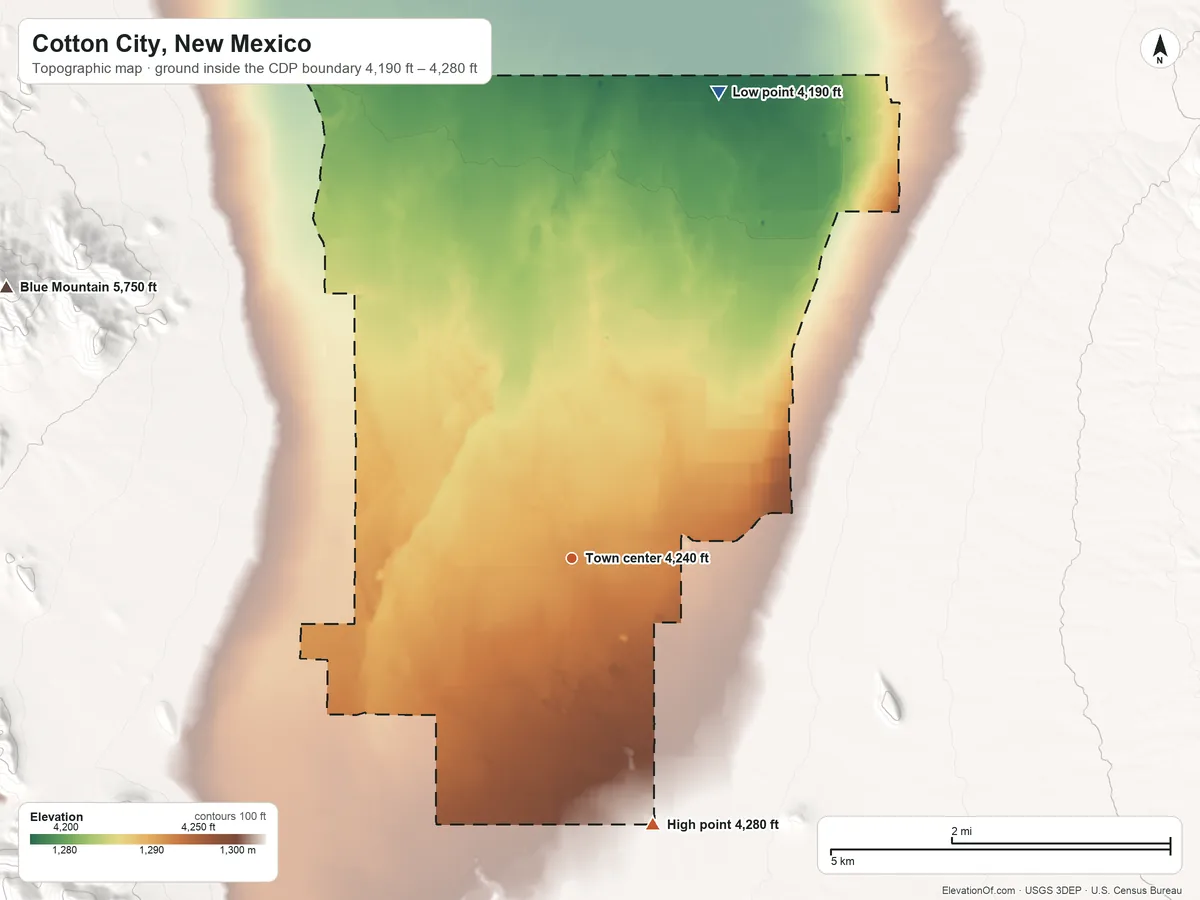 Topographic elevation map of Cotton City, New Mexico, shaded from 4,190 ft on the north side to 4,280 ft on the south side