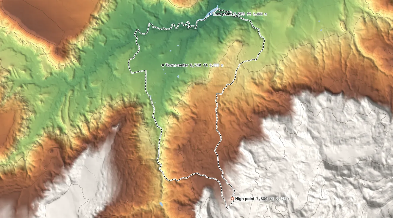 Topographic elevation map of Coyote, New Mexico, shaded from 6,560 ft on the northeast side to 7,800 ft at the foot of the San Pedro Peaks