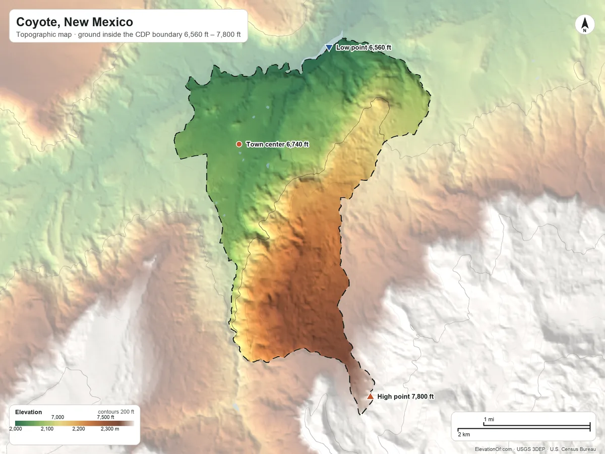 Topographic elevation map of Coyote, New Mexico, shaded from 6,560 ft on the northeast side to 7,800 ft at the foot of the San Pedro Peaks