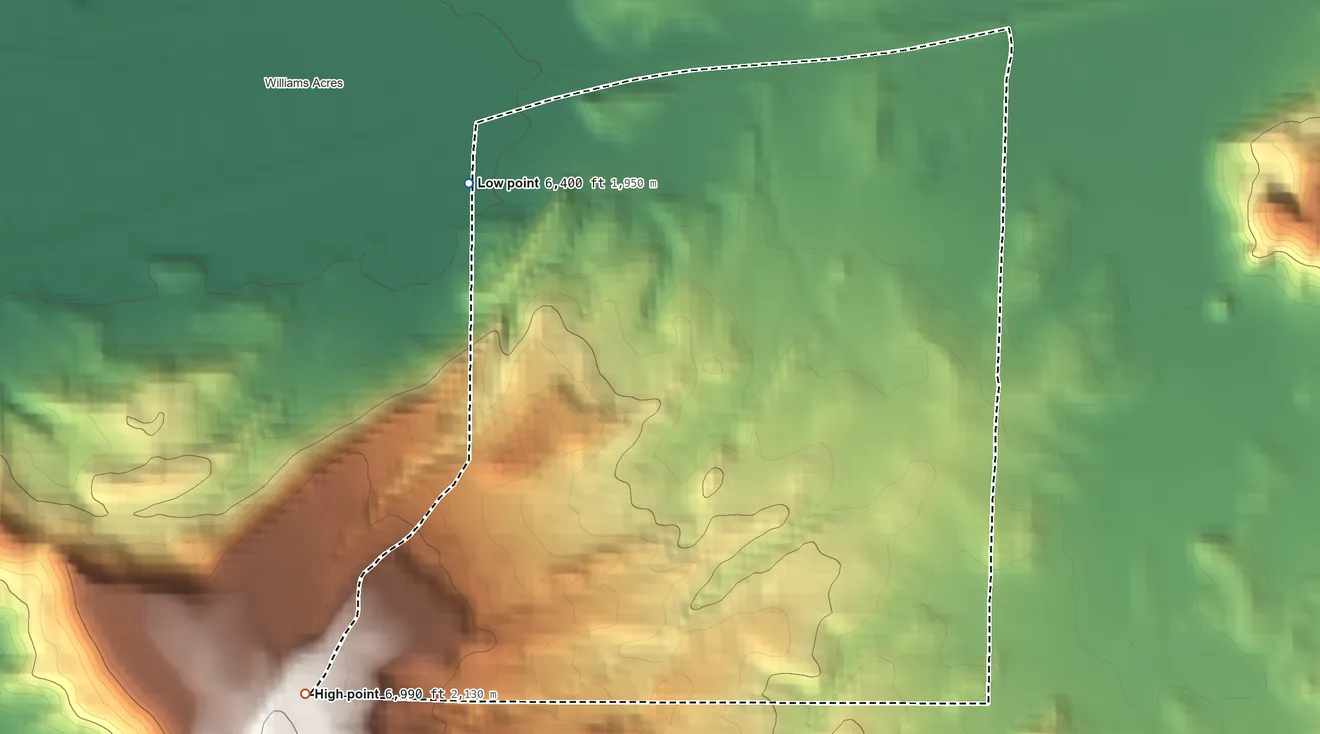Topographic elevation map of Crestview, New Mexico, shaded from 6,400 ft on the northwest side to 6,990 ft on the southwest side