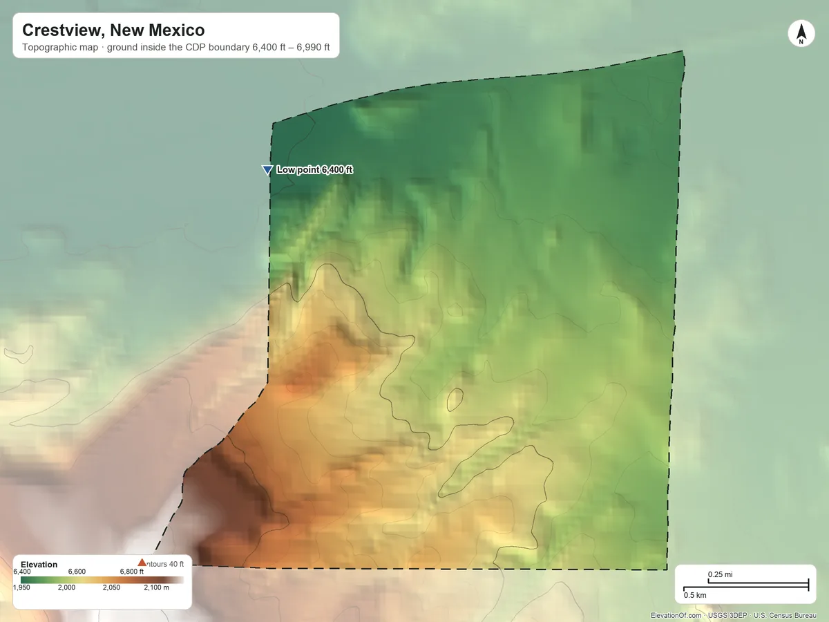Topographic elevation map of Crestview, New Mexico, shaded from 6,400 ft on the northwest side to 6,990 ft on the southwest side