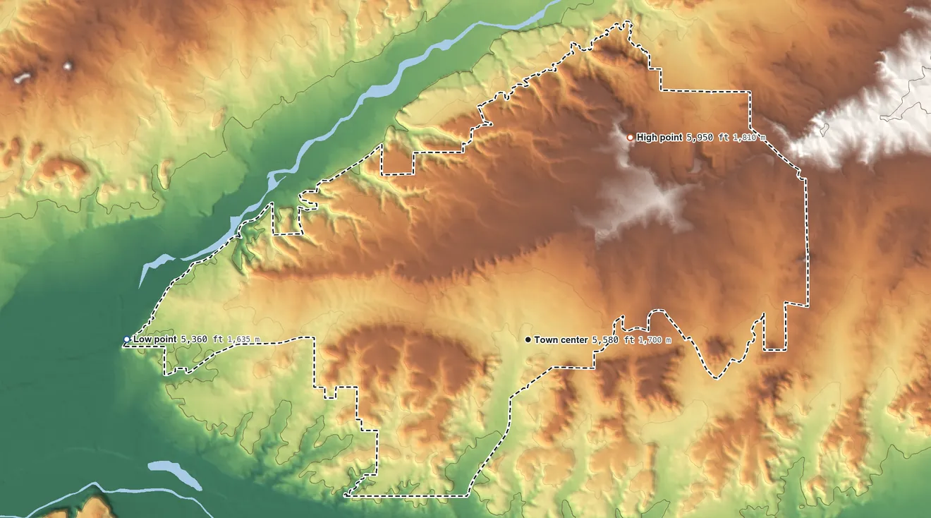 Topographic elevation map of Crouch Mesa, New Mexico, shaded from 5,360 ft on the west side to 5,950 ft on the northeast side
