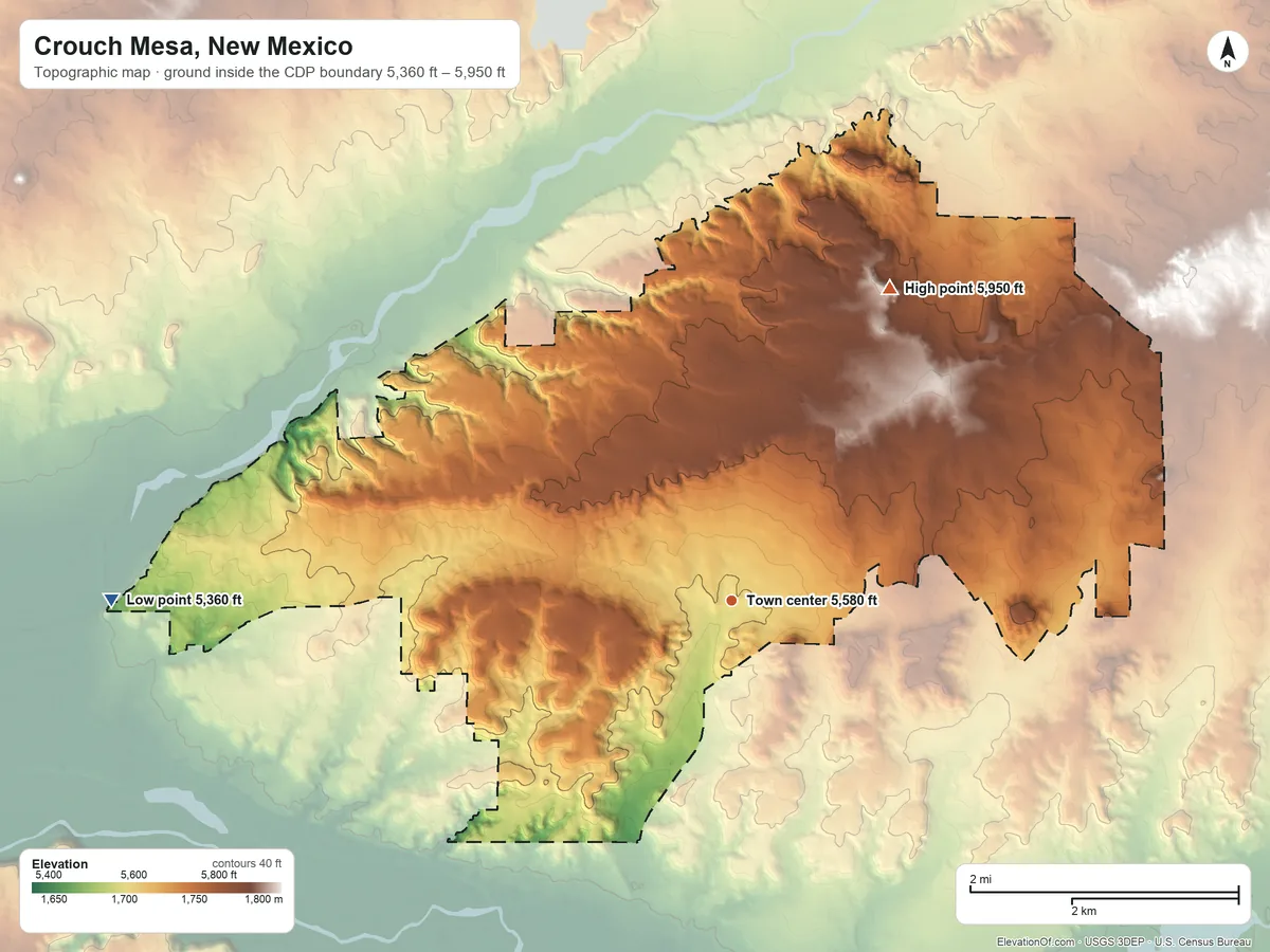 Topographic elevation map of Crouch Mesa, New Mexico, shaded from 5,360 ft on the west side to 5,950 ft on the northeast side