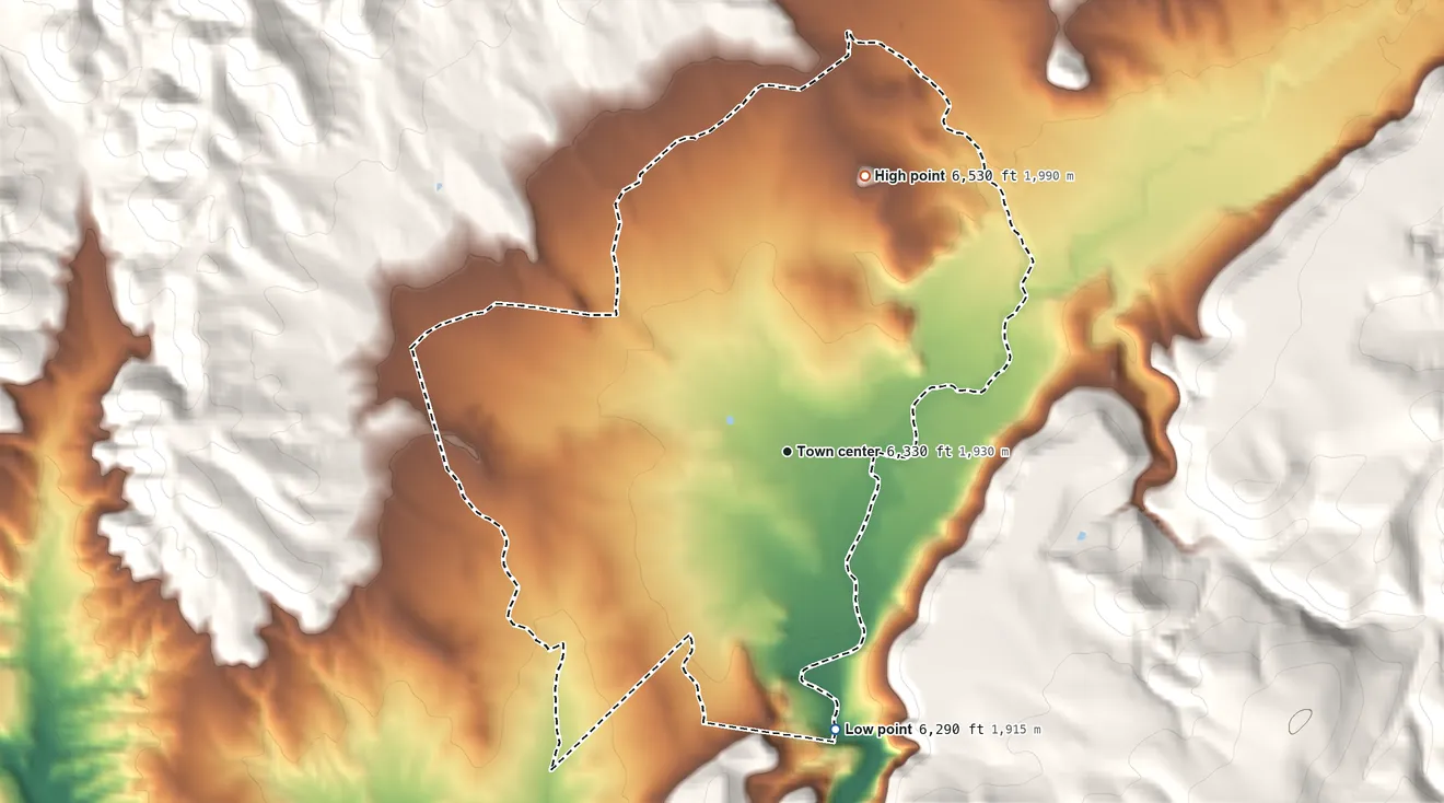 Topographic elevation map of Cruzville, New Mexico, shaded from 6,290 ft on the south side to 6,530 ft at the foot of the Tularosa Mountains