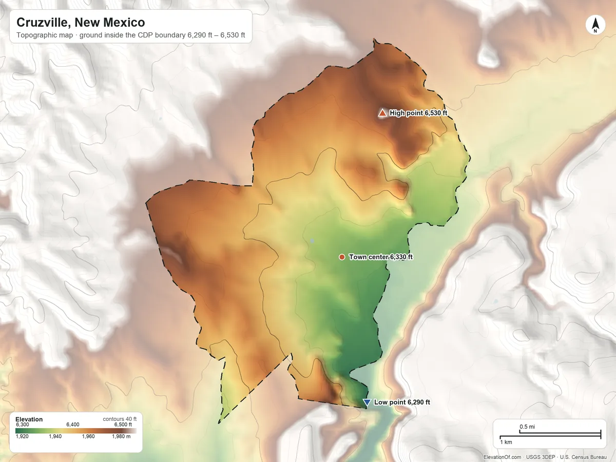 Topographic elevation map of Cruzville, New Mexico, shaded from 6,290 ft on the south side to 6,530 ft at the foot of the Tularosa Mountains