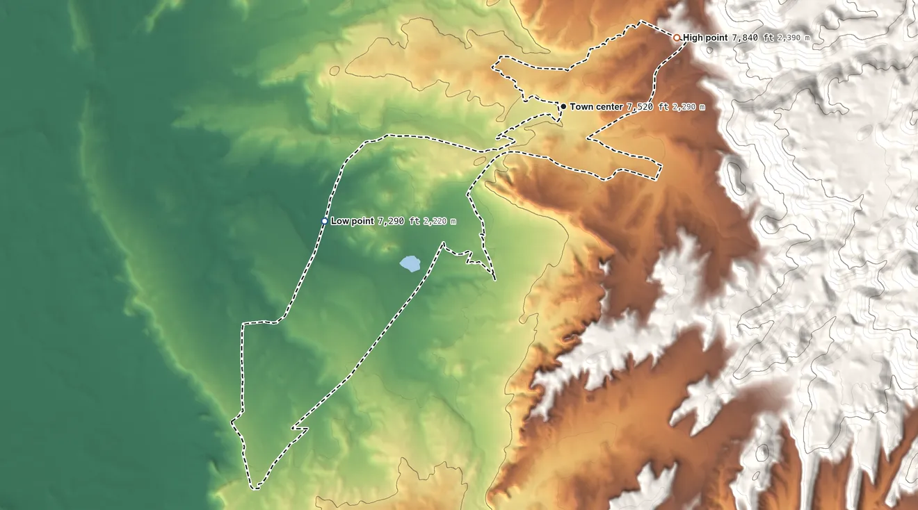Topographic elevation map of Crystal, New Mexico, shaded from 7,290 ft on the southwest side to 7,840 ft on the northeast edge, below higher ground just outside