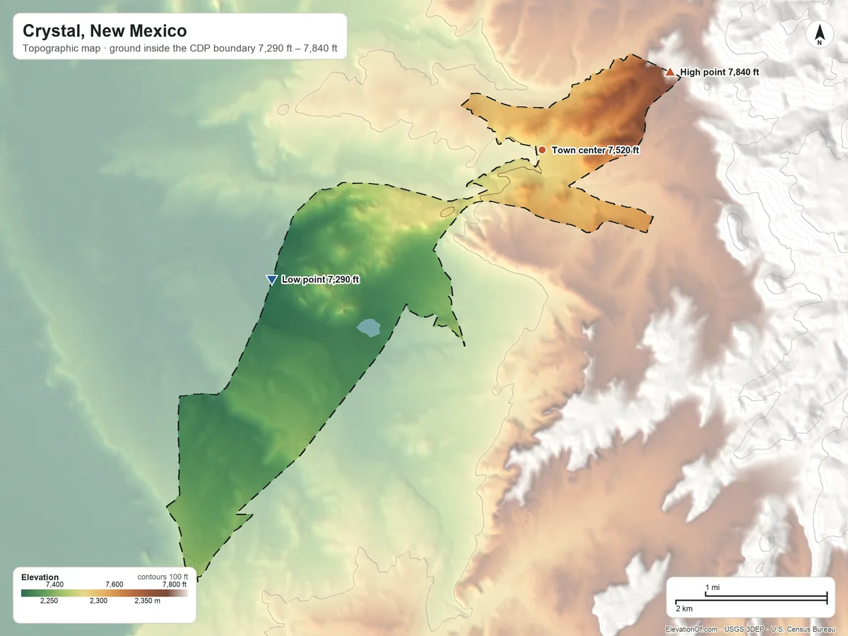 Topographic elevation map of Crystal, New Mexico, shaded from 7,290 ft on the southwest side to 7,840 ft on the northeast edge, below higher ground just outside