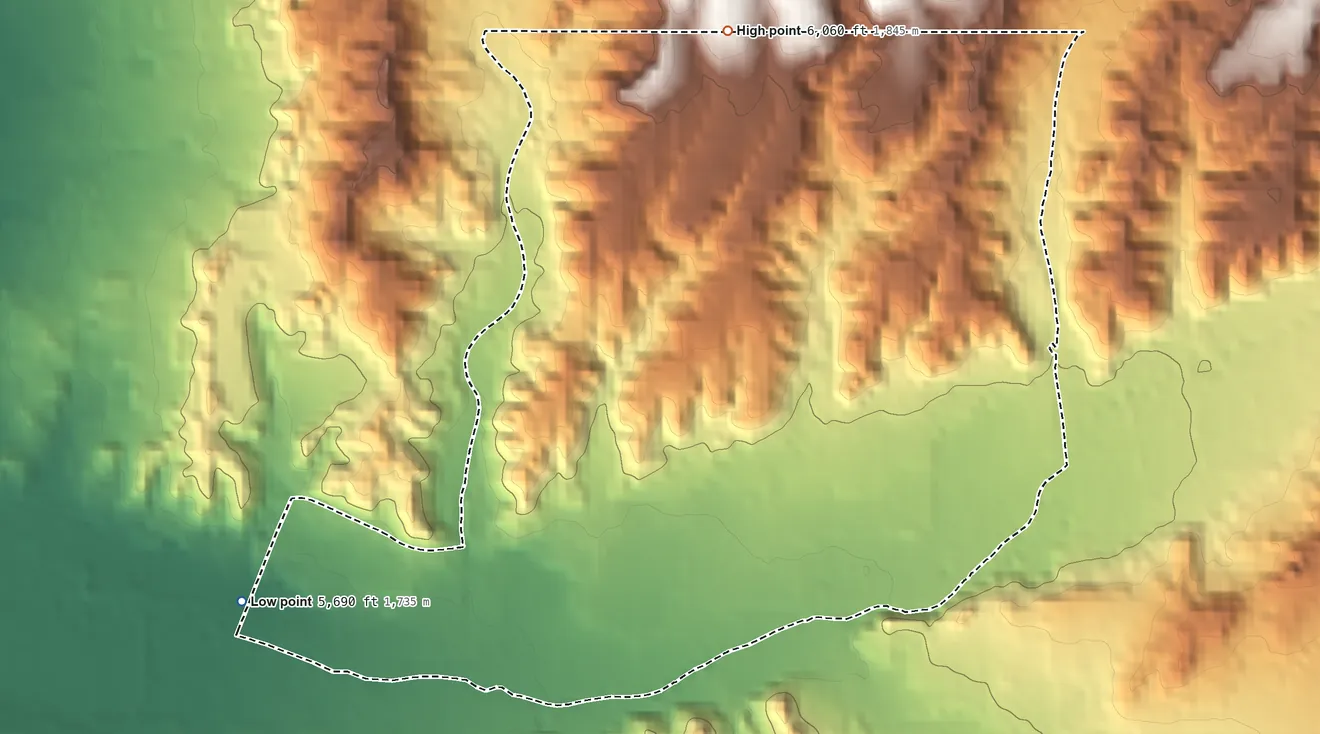 Topographic elevation map of Cuartelez, New Mexico, shaded from 5,690 ft on the west side to 6,060 ft on the north side