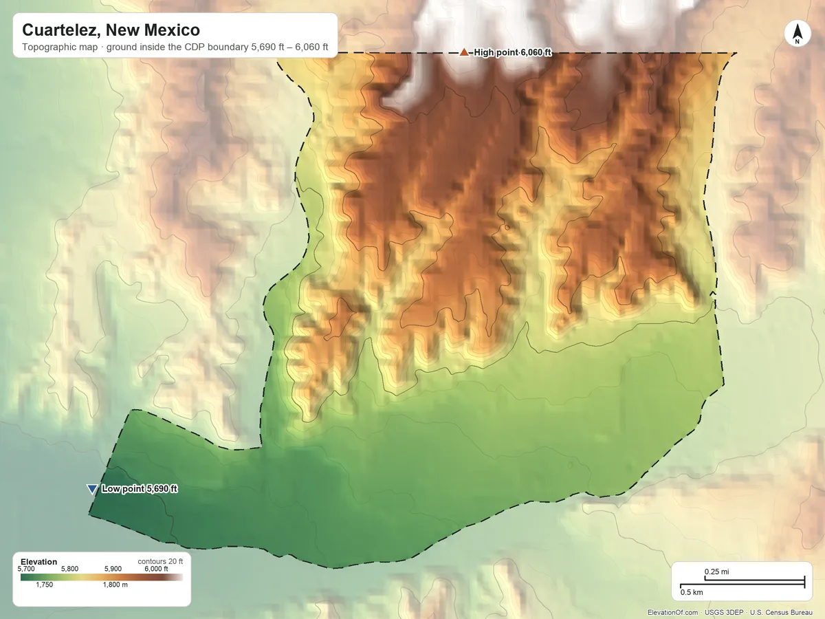 Topographic elevation map of Cuartelez, New Mexico, shaded from 5,690 ft on the west side to 6,060 ft on the north side