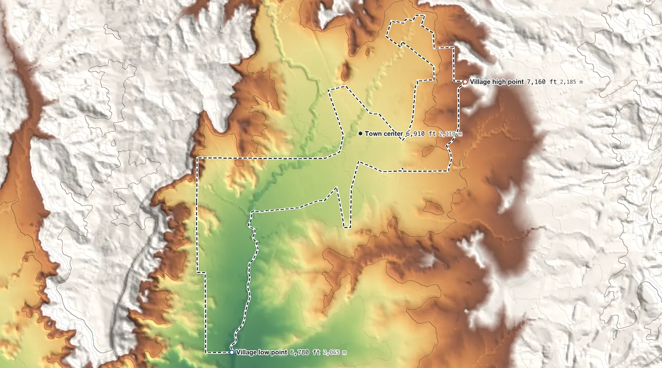 Topographic elevation map of Cuba, New Mexico, shaded from 6,780 ft on the southwest side to 7,160 ft at the foot of the San Pedro Peaks