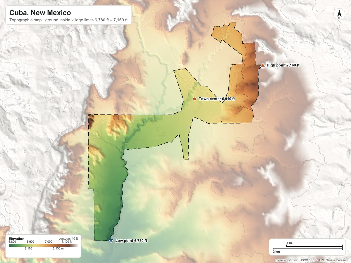 Topographic elevation map of Cuba, New Mexico, shaded from 6,780 ft on the southwest side to 7,160 ft at the foot of the San Pedro Peaks