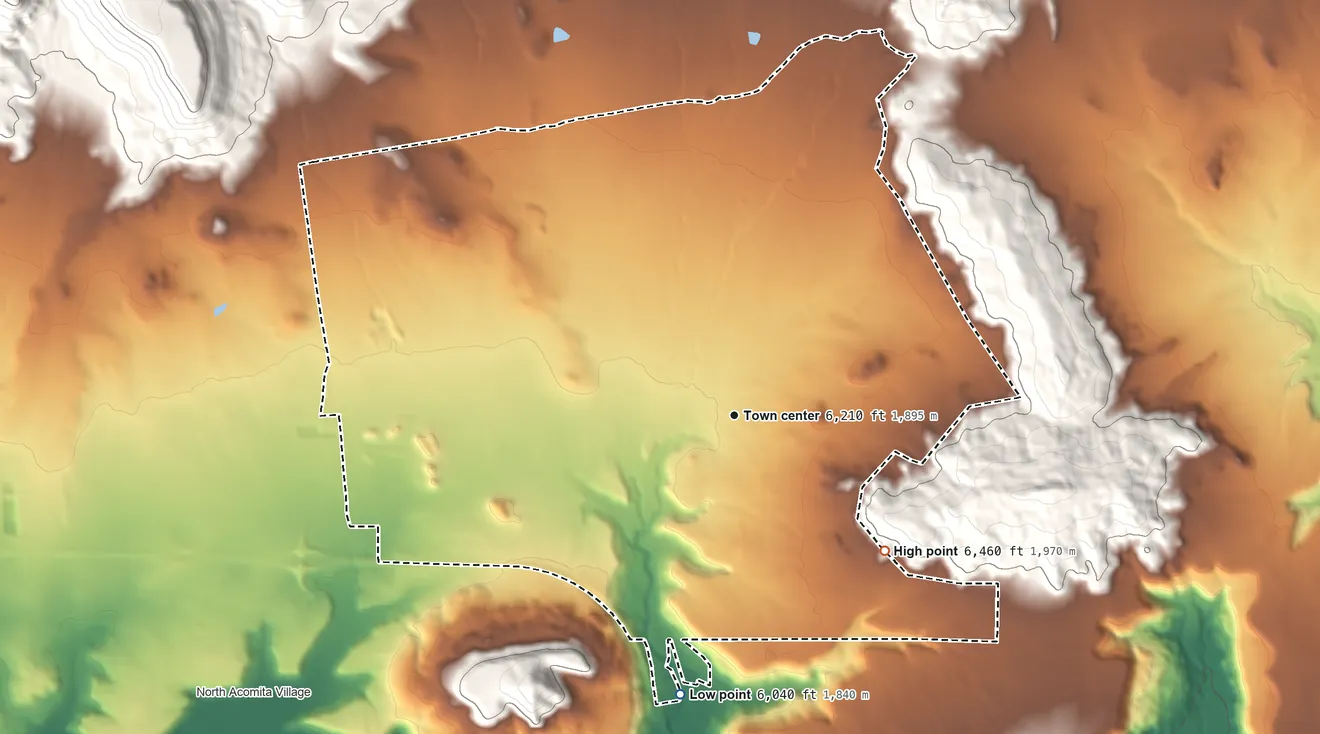 Topographic elevation map of Cubero, New Mexico, shaded from 6,040 ft on the south side to 6,460 ft at the foot of the San Mateo Mountains
