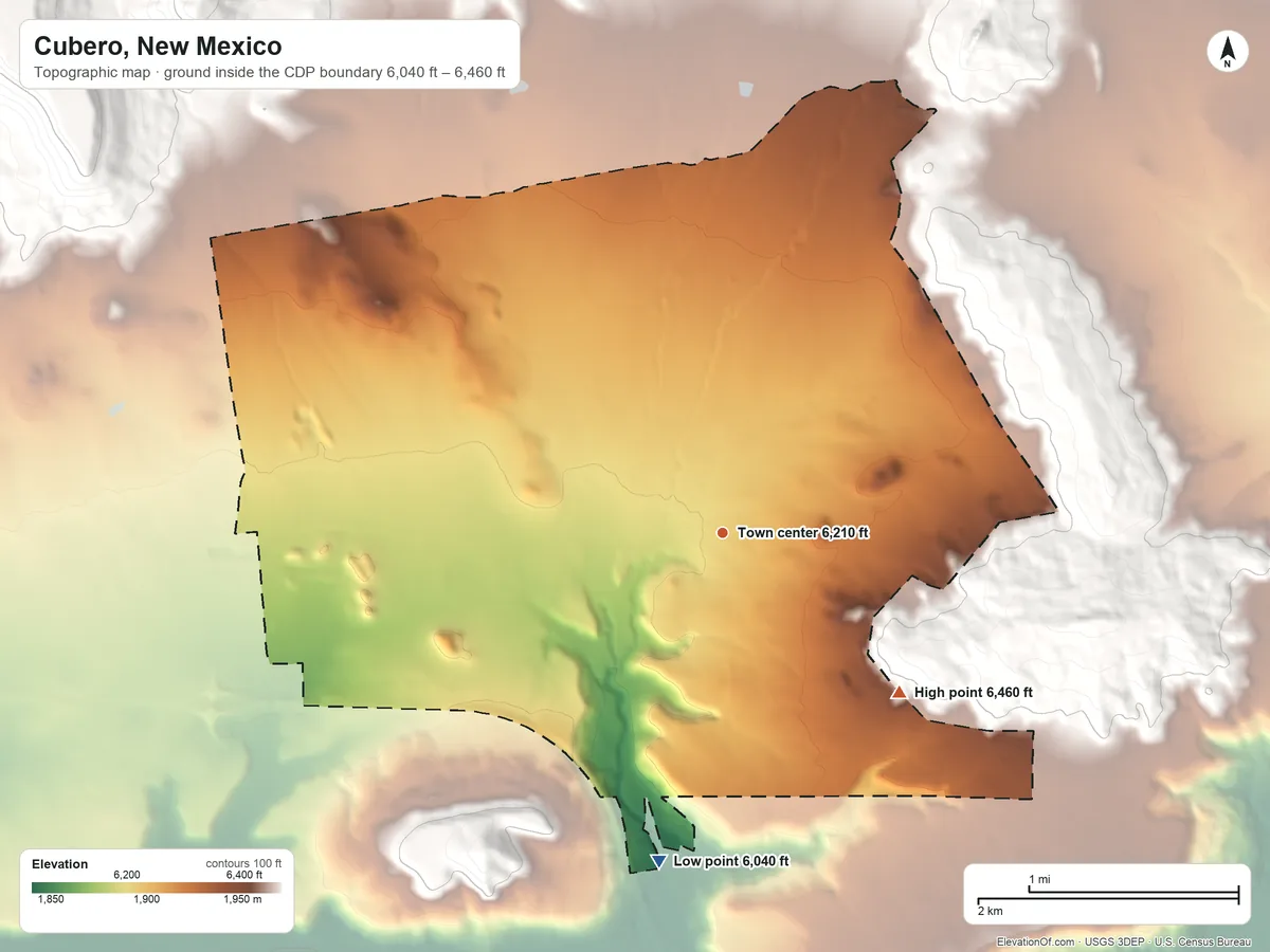 Topographic elevation map of Cubero, New Mexico, shaded from 6,040 ft on the south side to 6,460 ft at the foot of the San Mateo Mountains