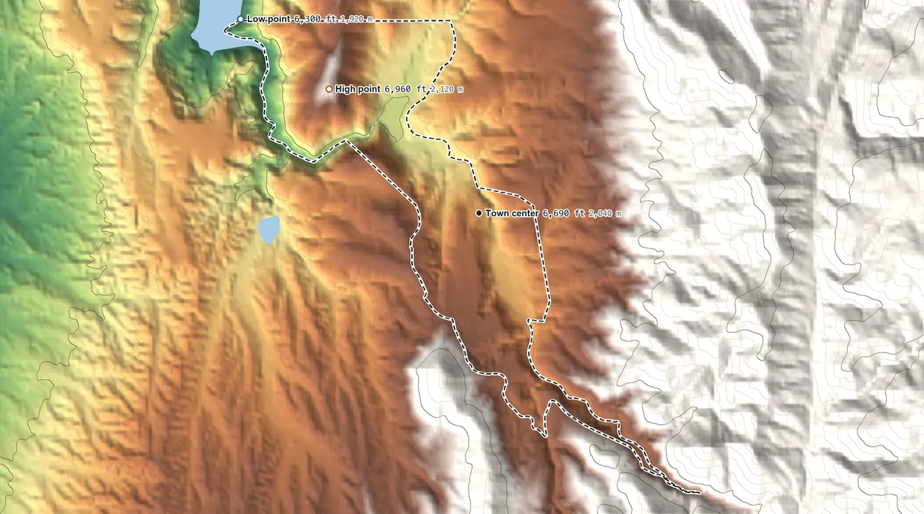 Topographic elevation map of Cundiyo, New Mexico, shaded from 6,300 ft on the northwest side to 6,960 ft on the northwest edge, below higher ground just outside