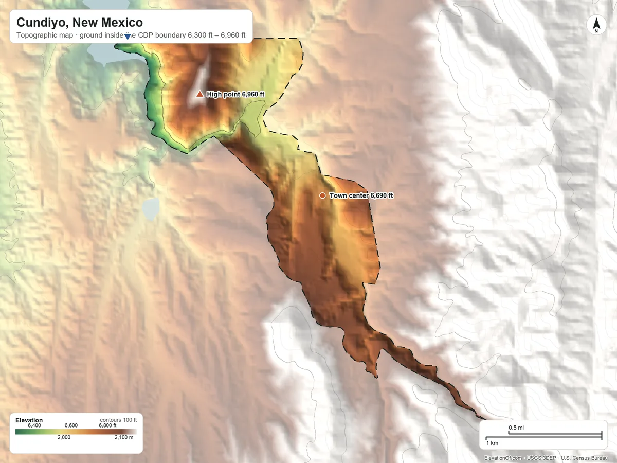 Topographic elevation map of Cundiyo, New Mexico, shaded from 6,300 ft on the northwest side to 6,960 ft on the northwest edge, below higher ground just outside