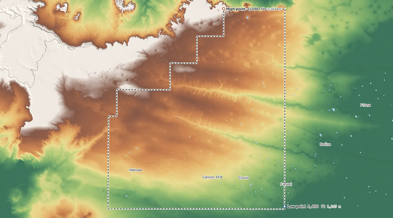 Topographic elevation map of Curry County, New Mexico, shaded from 4,080 ft on the southeast side to 4,800 ft on the north side